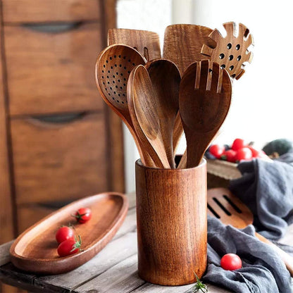 7-teiliges Holz-Kochutensilien-Set mit Aufhängeloch