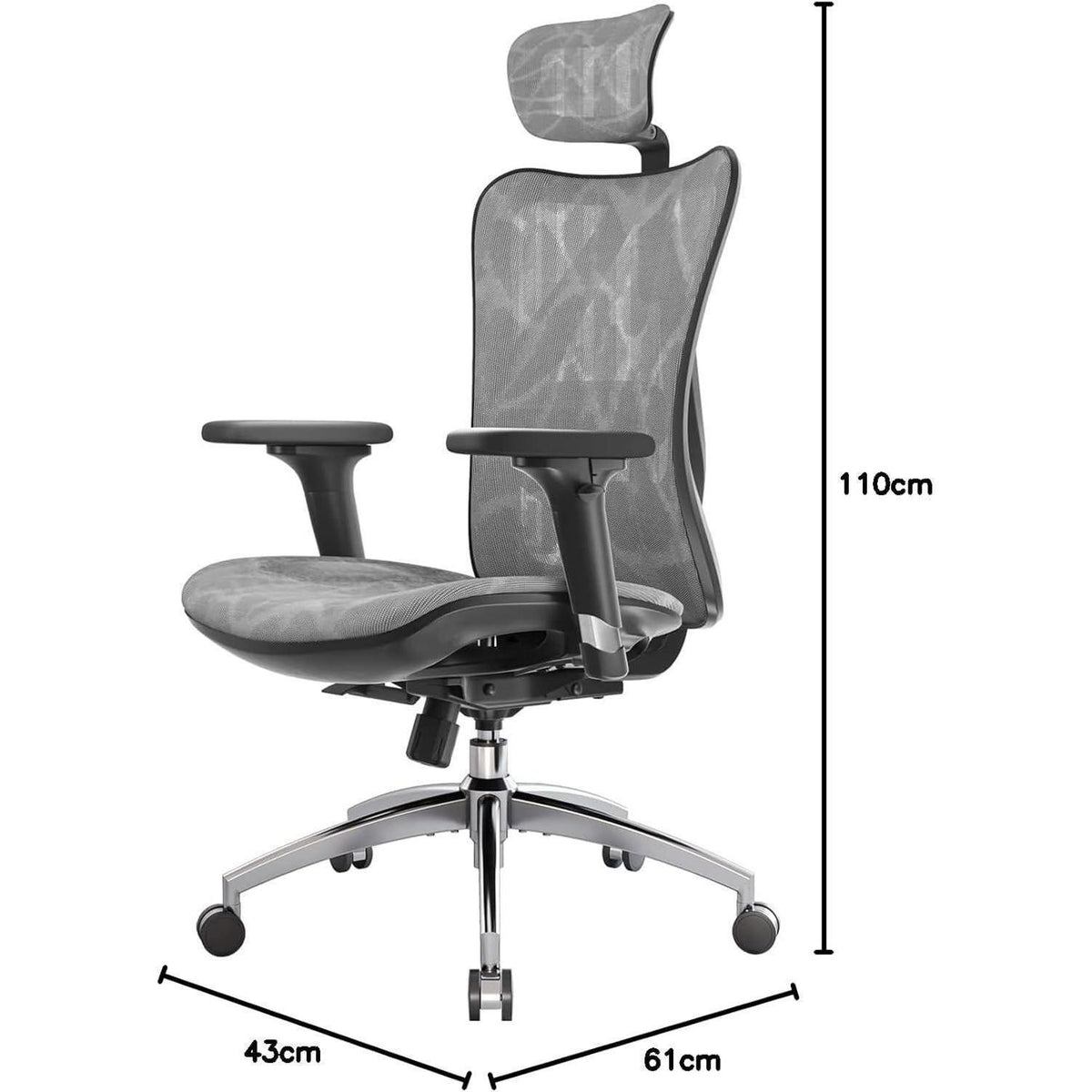 Ergonomischer Bürostuhl mit 3D-Armlehnen und Lendenstütze (Grau)