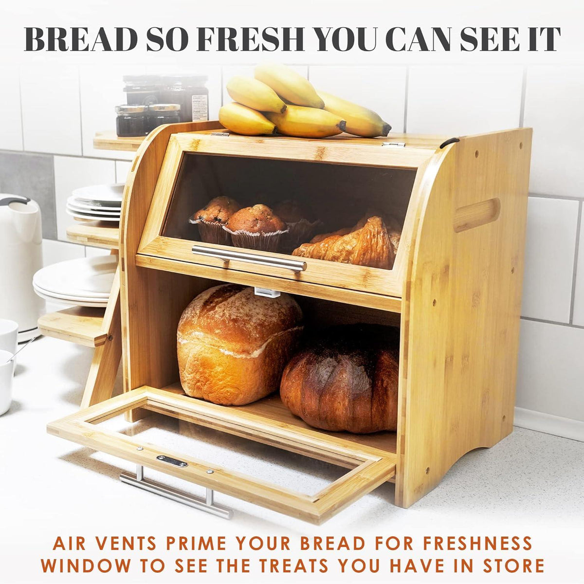 Arise Bambus Brotkasten 2 Regale Belüftung Holz 40x26x37 cm