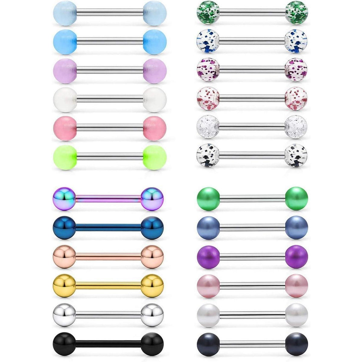 Zungenpiercing Set 24 Stück 14G Chirurgenstahl mit Kugeln 16mm