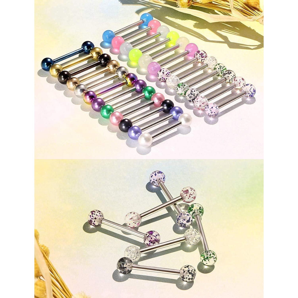 Zungenpiercing Set 24 Stück 14G Chirurgenstahl mit Kugeln 12-18mm
