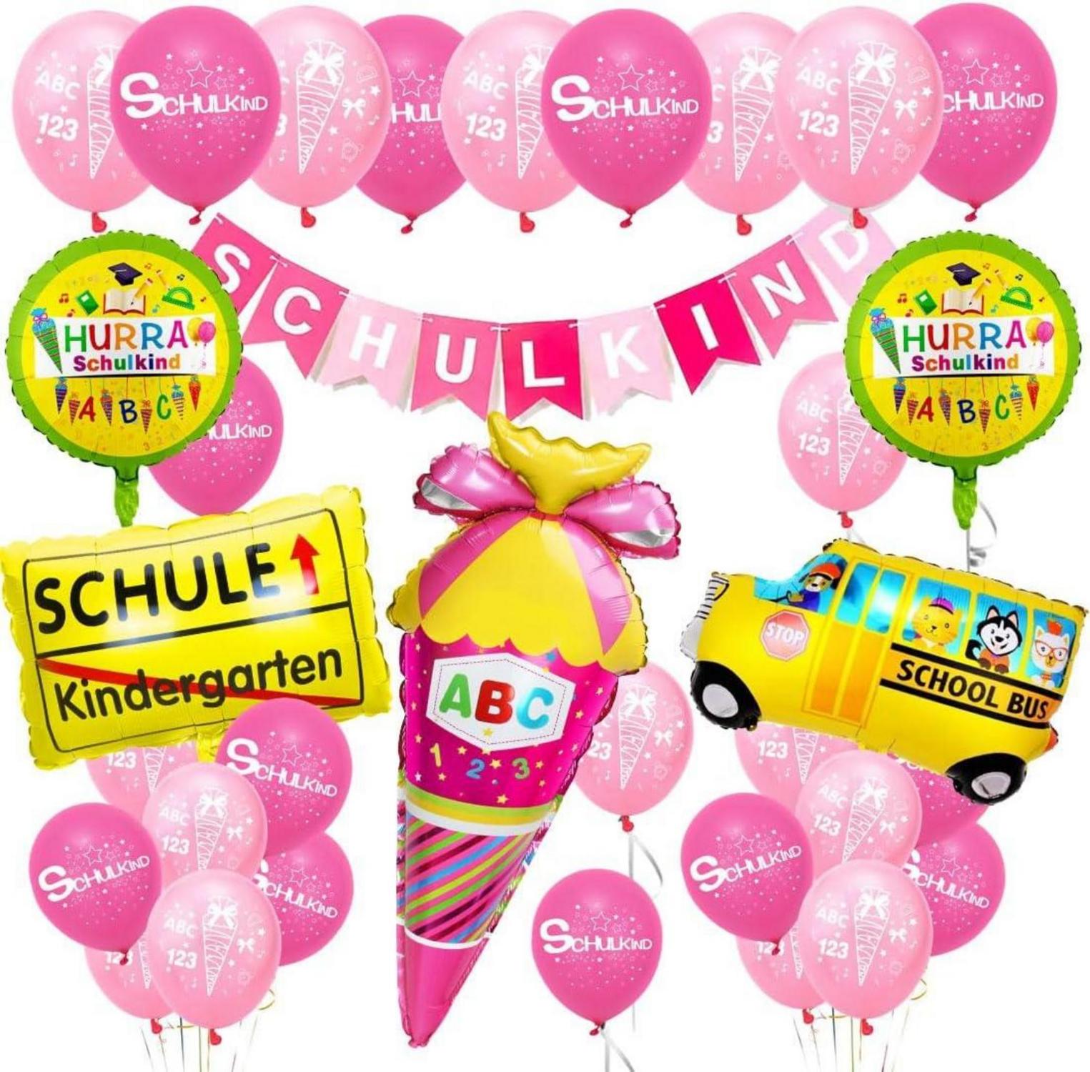 Einschulung Deko Set Mädchen Rosa Schulkind Banner Luftballons