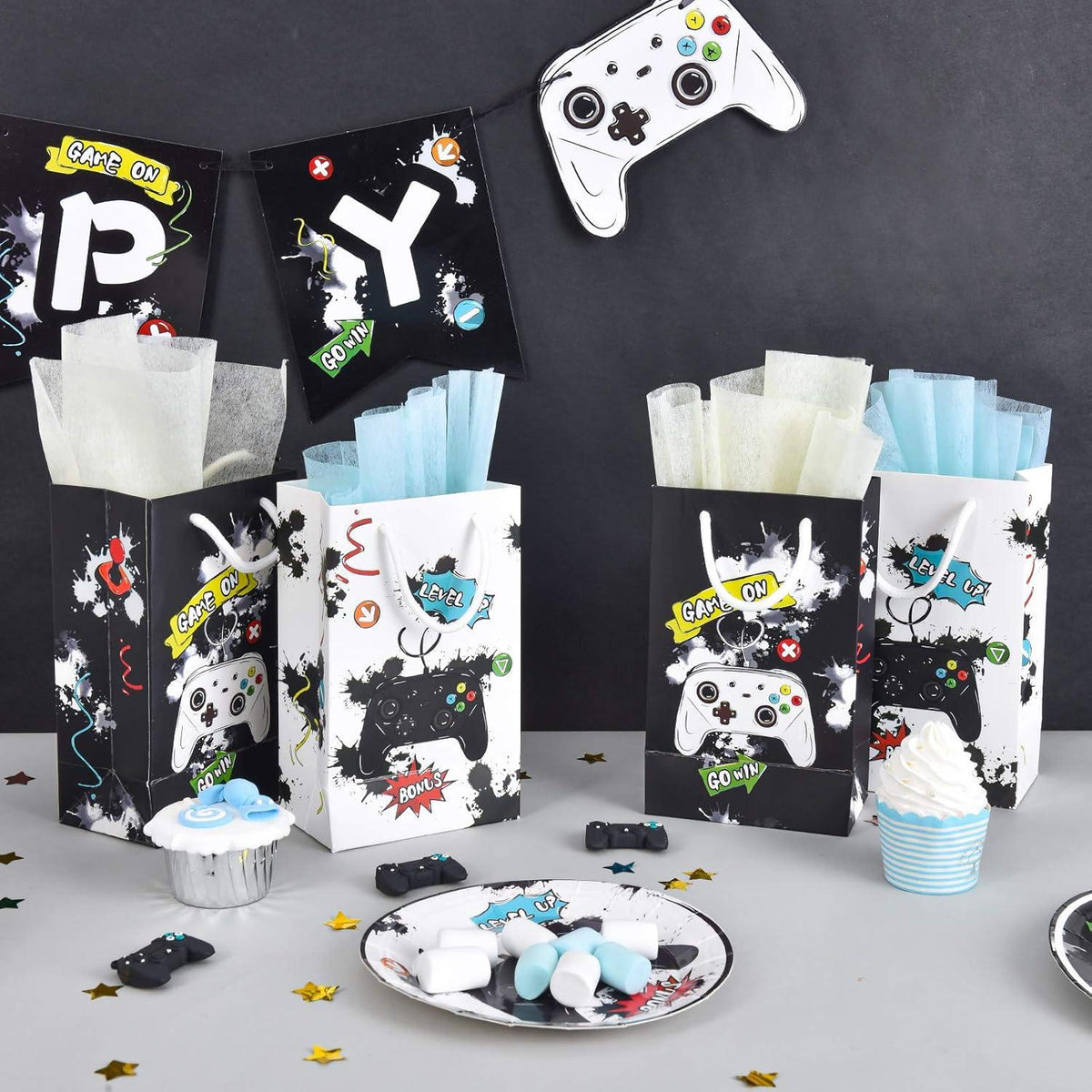 WERNNSAI Aquarell Videospiel Partytüten 16 Stück Schwarz Weiß 20x12,4x7,6cm