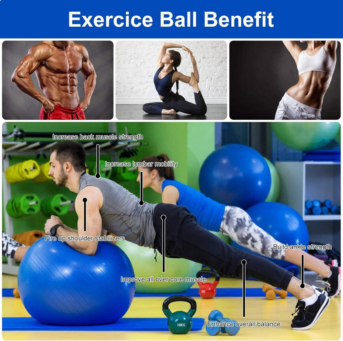Gymnastikball 55/65cm Anti-Burst Yoga Pilates Fitness Blau mit Pumpe
