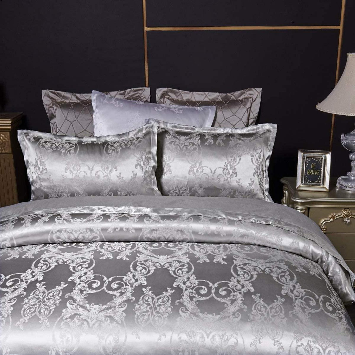Satin Bettwäsche Set 135x200 Grau Blumen Jacquard Luxus