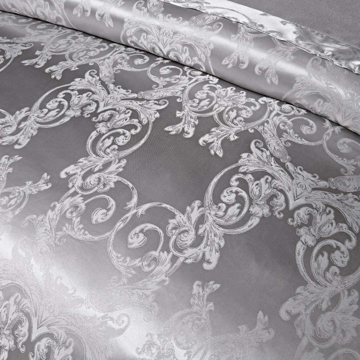 Satin Bettwäsche Set 135x200 Grau Blumen Jacquard Luxus