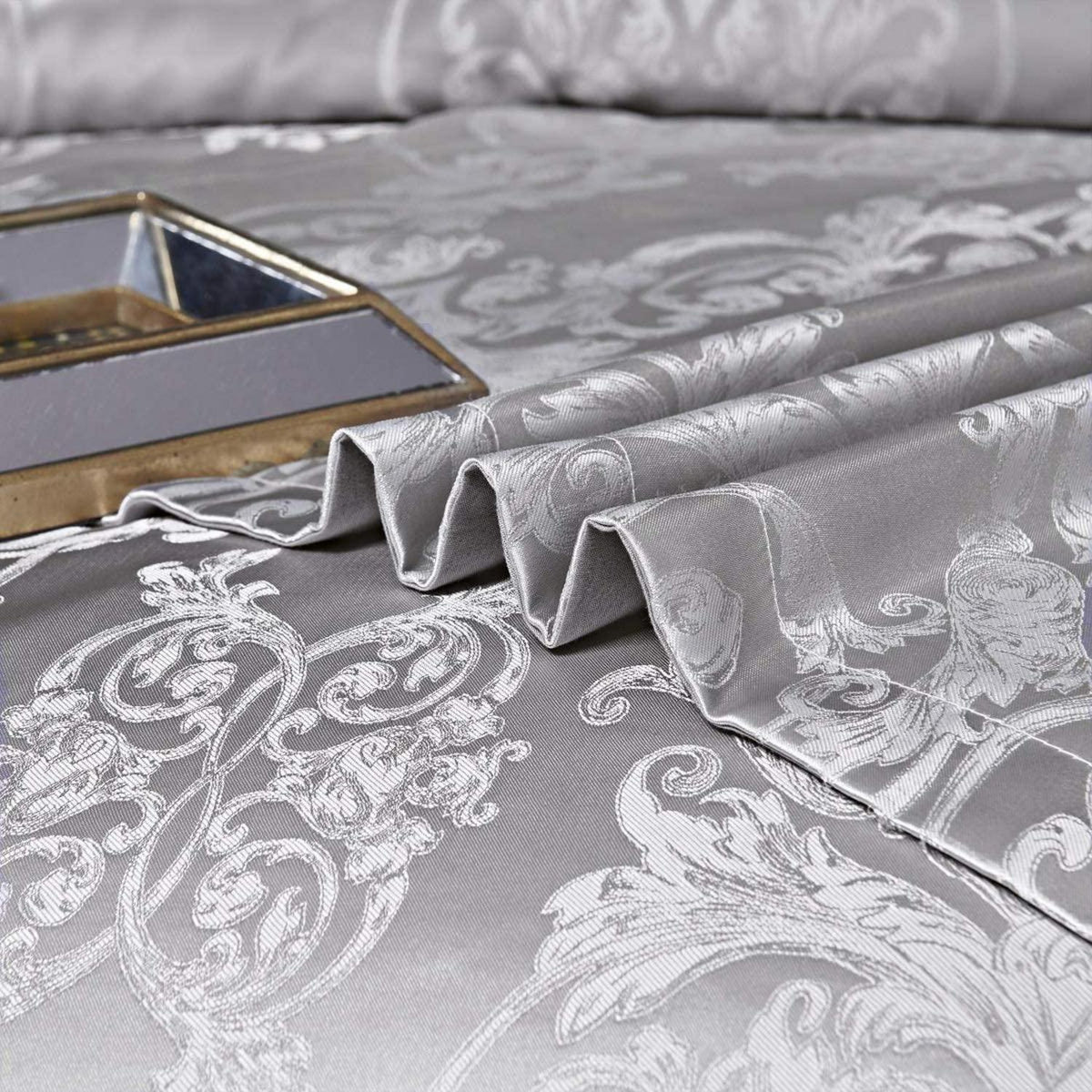 Satin Bettwäsche Set 135x200 Grau Blumen Jacquard Luxus