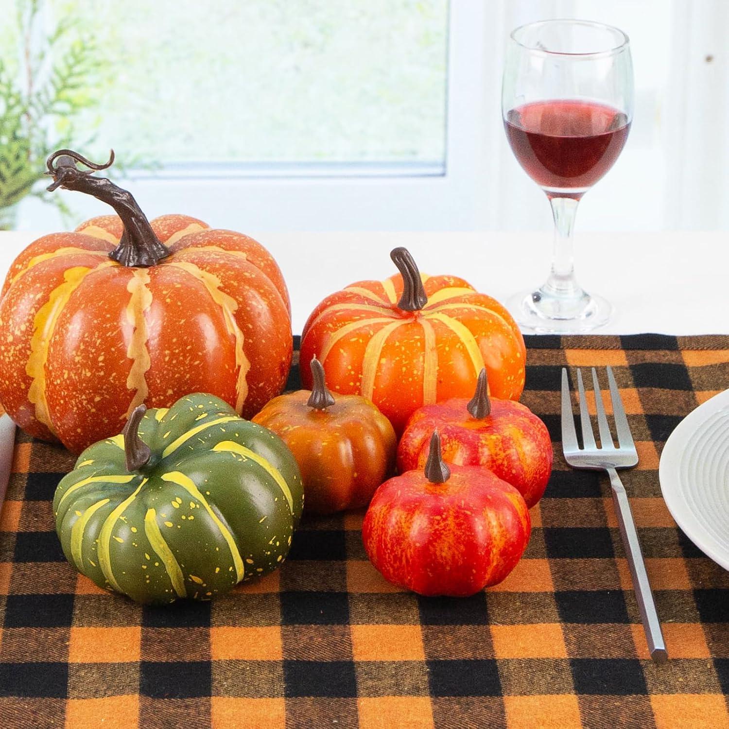 Künstliche Kürbisse Set 7 Stück mit Ahornblättern Halloween Thanksgiving