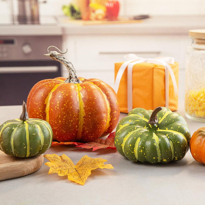 Künstliche Kürbisse Set 7 Stück mit Ahornblättern Halloween Thanksgiving