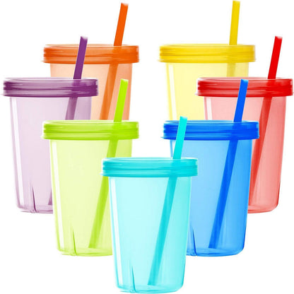 Kinderbecher Set mit Strohhalm und Deckel, 7er Pack