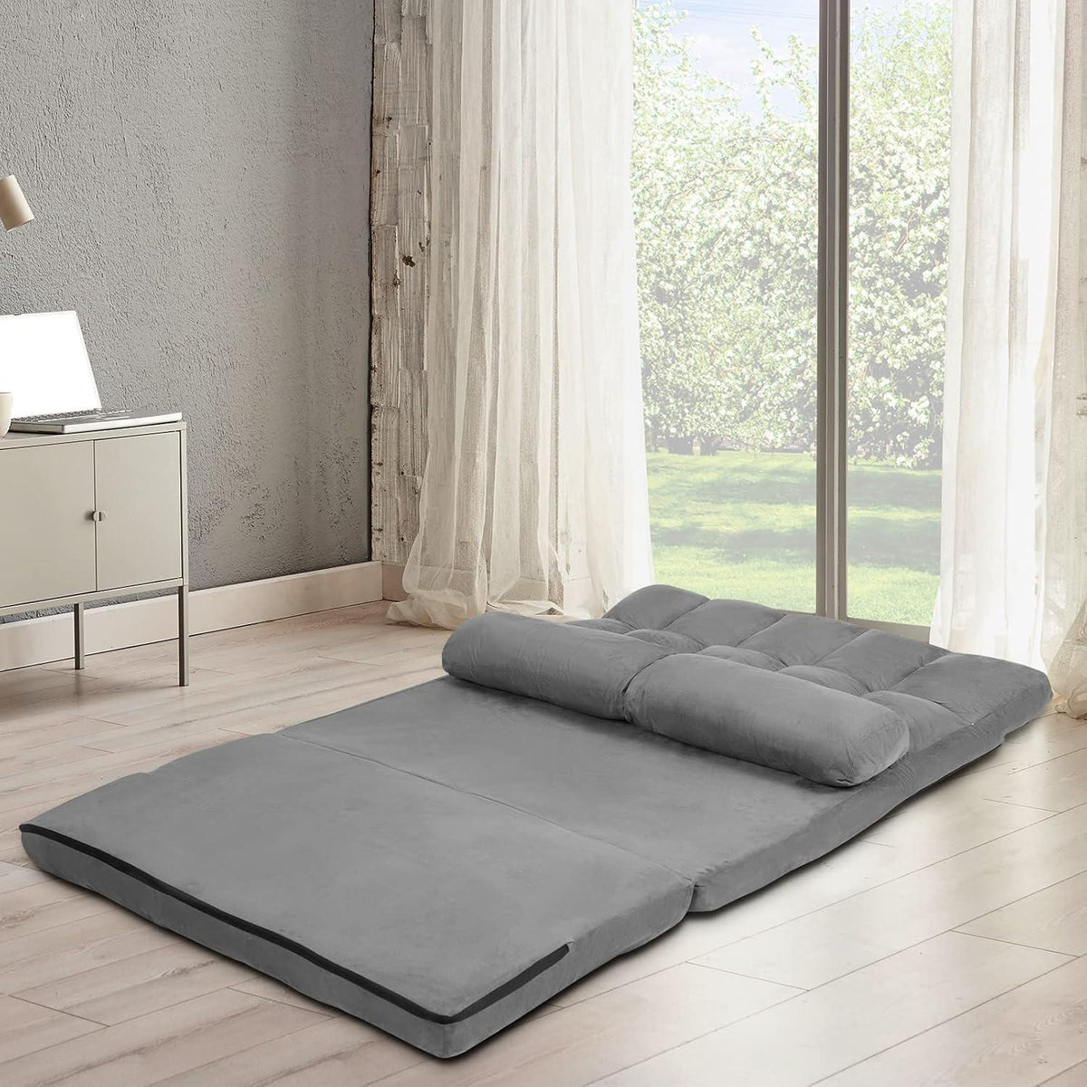 2-Sitzer Bodensofa mit Schlaffunktion & 6-stufiger Verstellung (Grau)