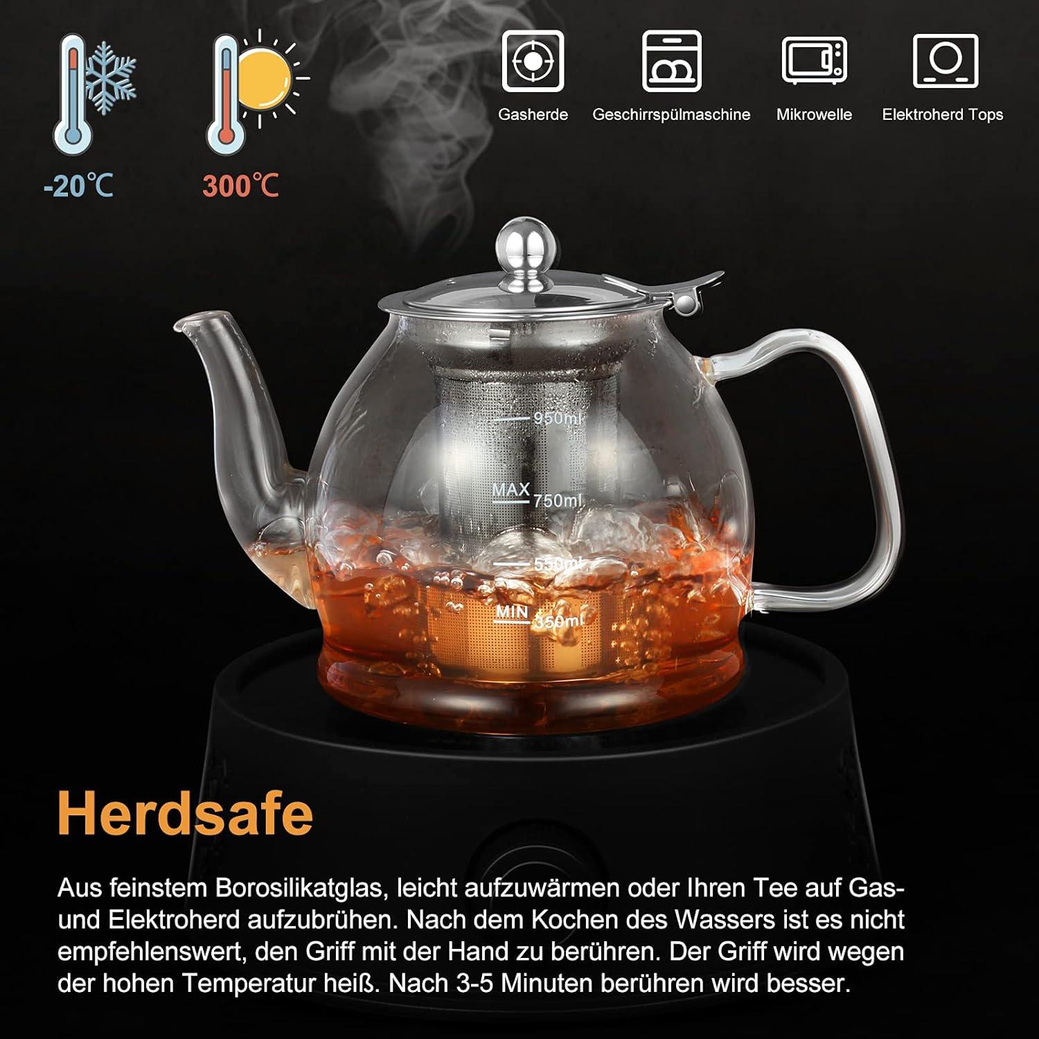 Glaskanne 1000ML mit Siebeinsatz - Borosilikatglas Teekanne