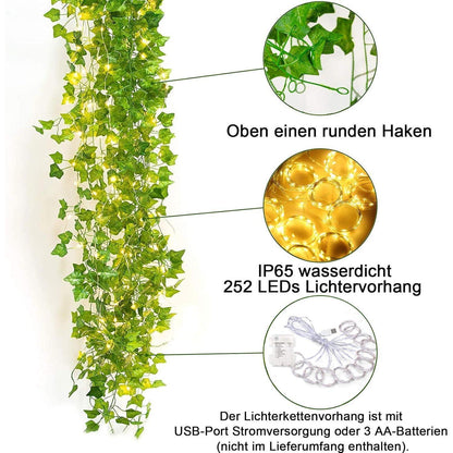 KASZOO 12 Stück Efeu Künstlich Lichterkette mit 252 LEDs