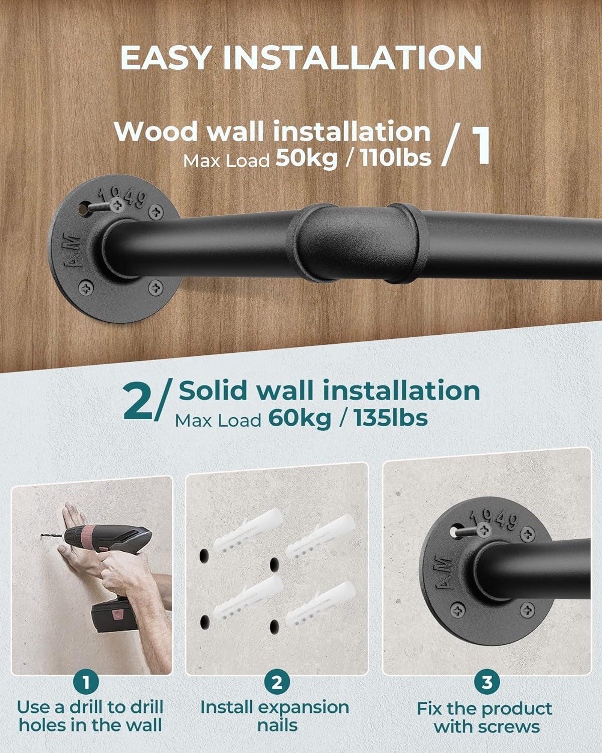 OROPY Industrieller Stil Rohr-Kleidergestell 2er Set an der Wand befestigt Schwarz