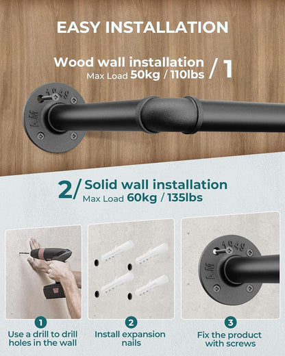 OROPY Industrieller Stil Rohr-Kleidergestell 2er Set an der Wand befestigt Schwarz