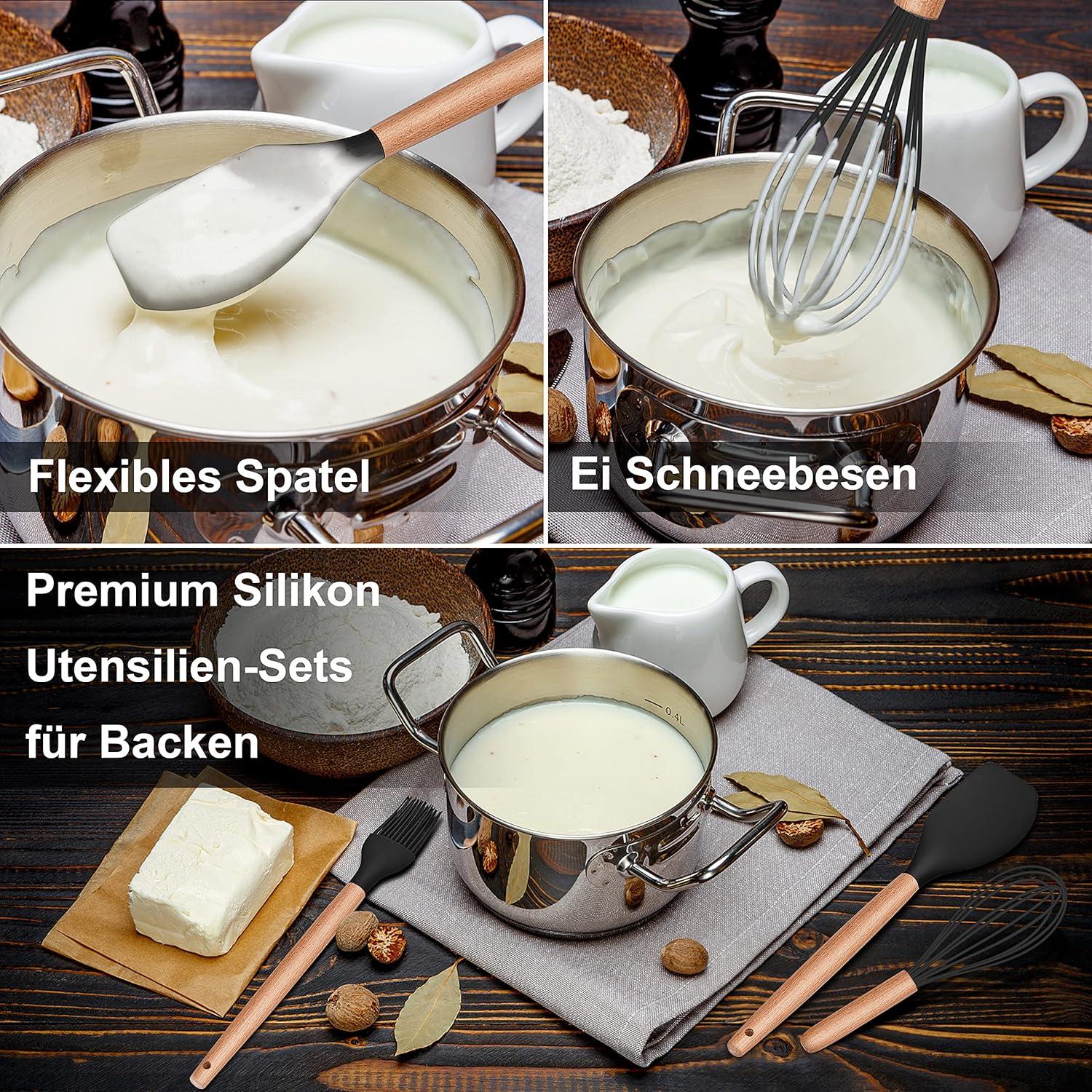 Silikon Küchenhelfer Set mit Holzgriff, 12-teilig, Hitzebeständig, Schwarz