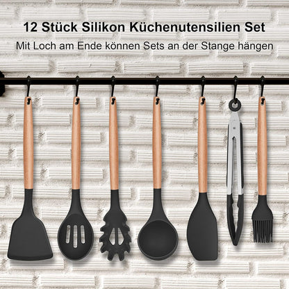 12tlg. Silikon Küchenutensilien Set Kochbesteck - Hitzebeständig Holzgriff