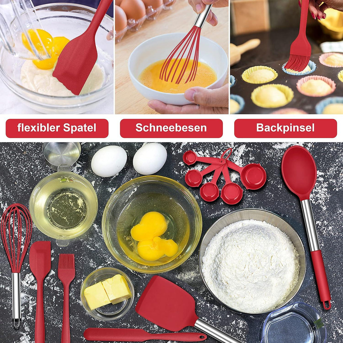 Silikon Küchenhelfer Set 25-teilig Hitzebeständig Edelstahlgriff Rot