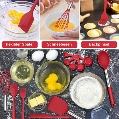 Silikon Küchenhelfer Set 25-teilig Hitzebeständig Edelstahlgriff Rot
