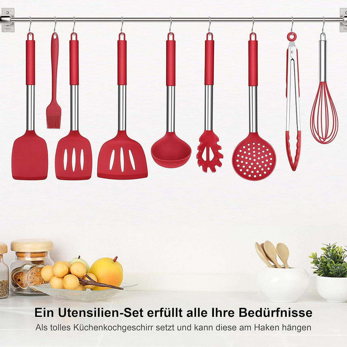 Küchenhelfer Set 25tlg Silikon Kochutensilien Halter Edelstahl Antihaft Rot