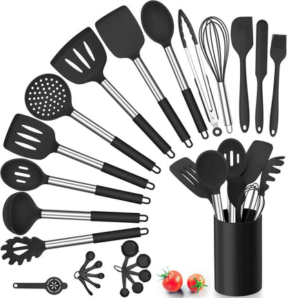 Silikon Küchenhelfer Set 25-teilig mit Halter Schwarz Hitzebeständig