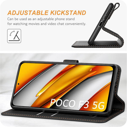 Handyhülle Xiaomi Poco F3 Premium Leder Schwarz mit Kartenfächern & Standfunktion