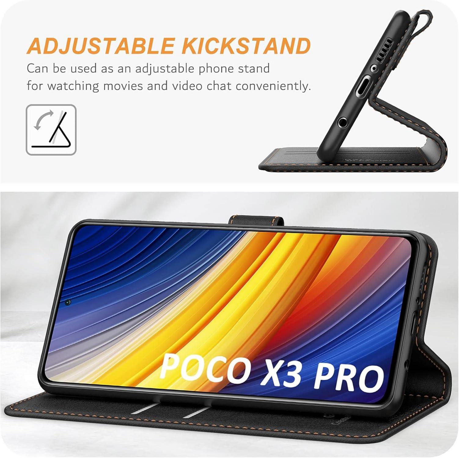 Leder Handyhülle für Xiaomi Poco X3 Pro NFC, Schwarz, Magnetverschluss