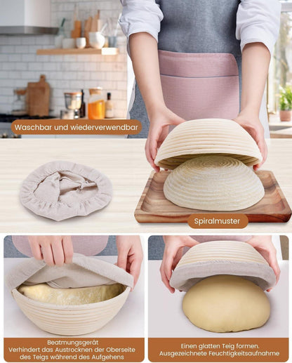 Gärkorb Set aus Peddigrohr zum Brot backen - Brotkörbchen mit Zubehör (23cm rund & 25cm