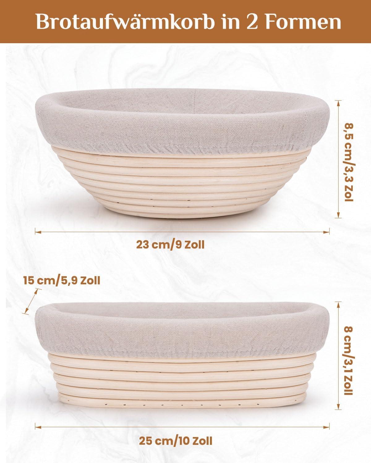 Gärkorb Set aus Peddigrohr zum Brot backen - Brotkörbchen mit Zubehör (23cm rund & 25cm
