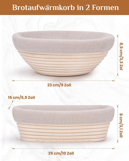 Gärkorb Set aus Peddigrohr zum Brot backen - Brotkörbchen mit Zubehör (23cm rund & 25cm