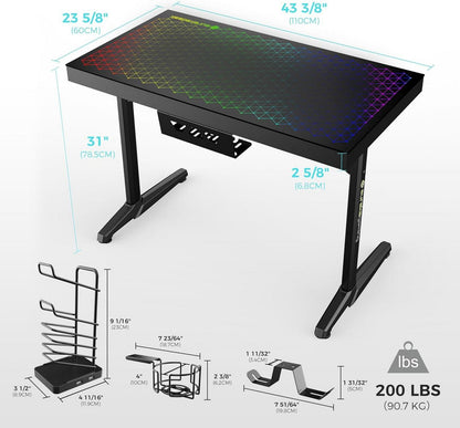 Gaming Schreibtisch mit RGB LED-Beleuchtung und Getränkehalter