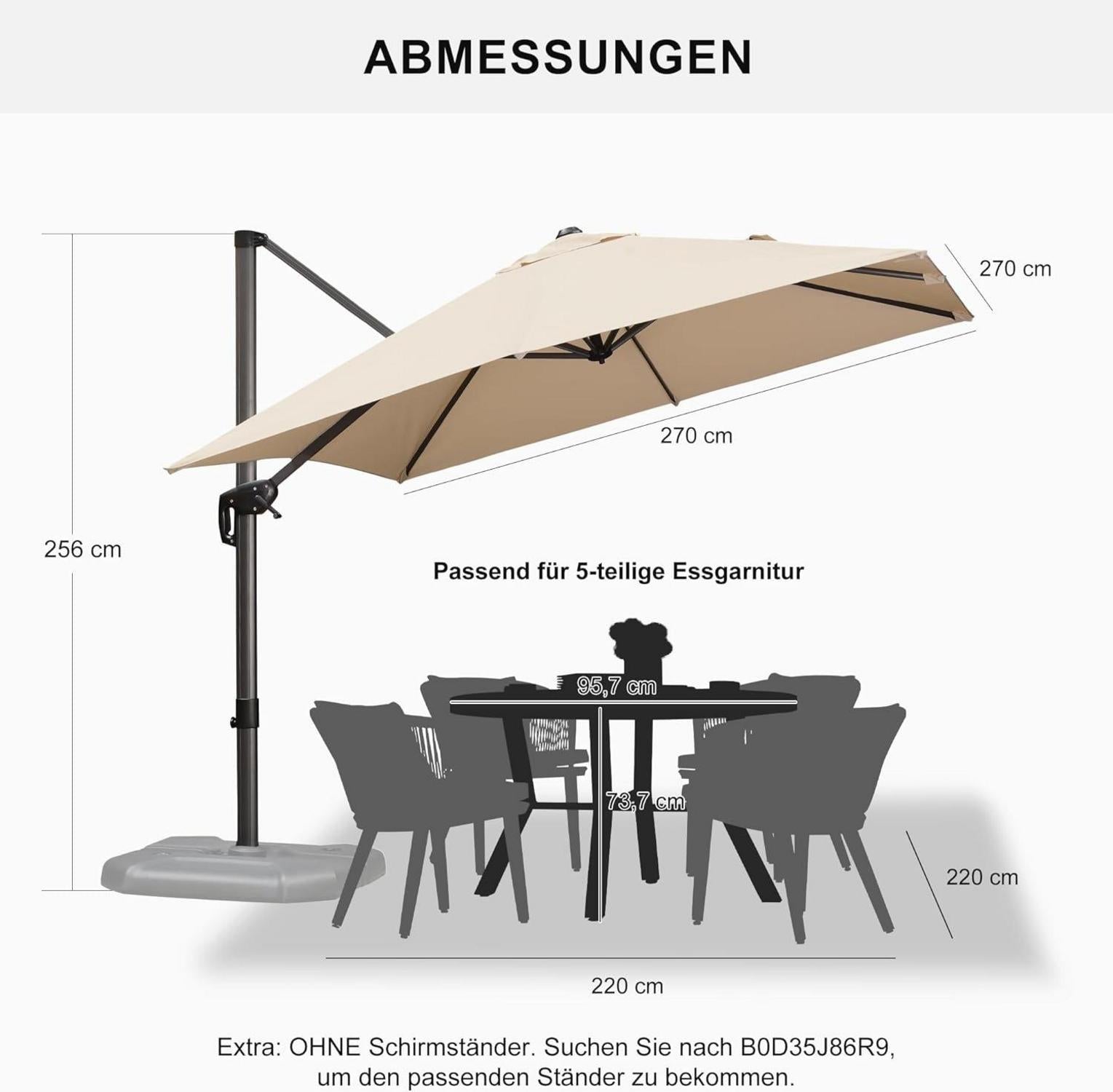 Sonnenschirm 270x270cm Ampelschirm Kurbel 360° Drehbar Fußpedal