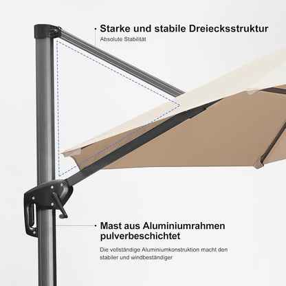 PURPLE LEAF Sonnenschirm 270x270cm Ampelschirm mit Kurbel, 360 Grad drehbar, beige