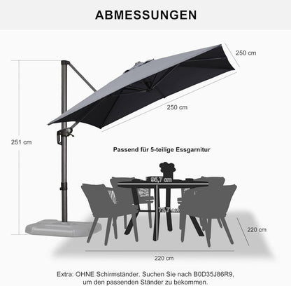 Sonnenschirm 250x250 cm Ampelschirm Kurbel 360° Fußpedal Kreuzsockel
