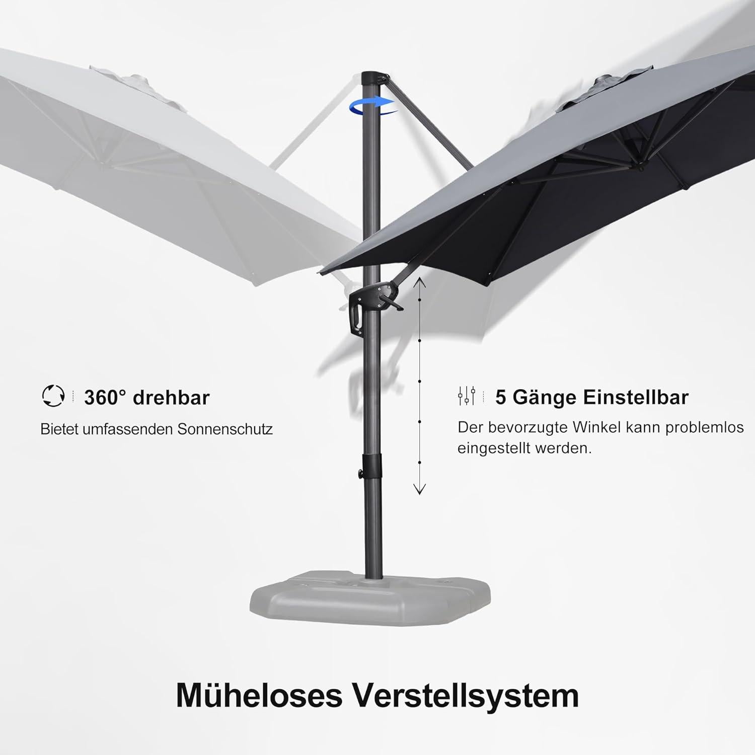 Sonnenschirm 250x250 cm Groß mit Kurbel 360° Drehbar Grau
