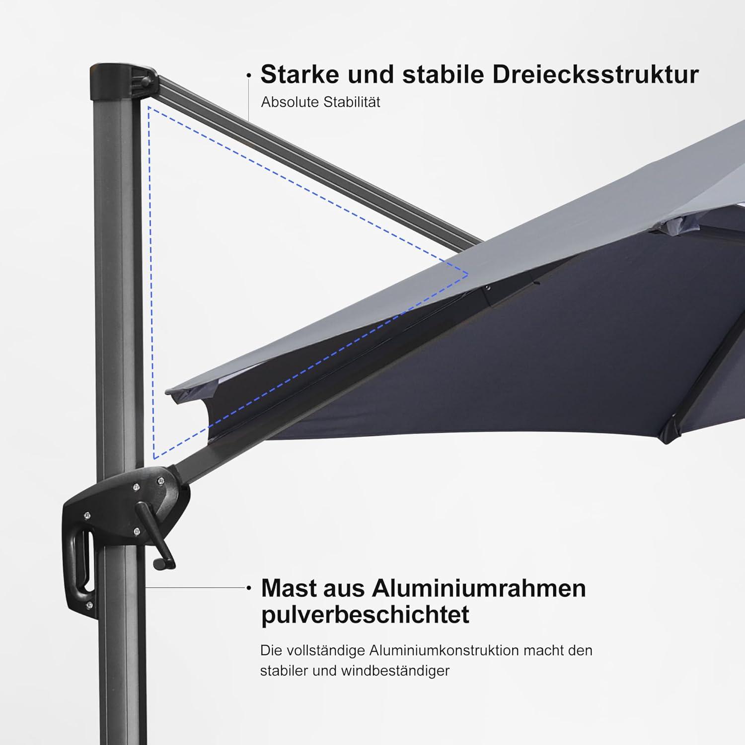 Ampelschirm Rechteckig Groß 270x350cm 360° Drehbar mit Fußpedal Grau