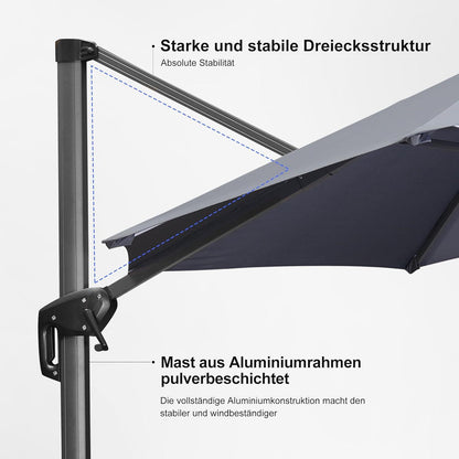 Ampelschirm Rechteckig Groß 270x350cm 360° Drehbar mit Fußpedal Grau