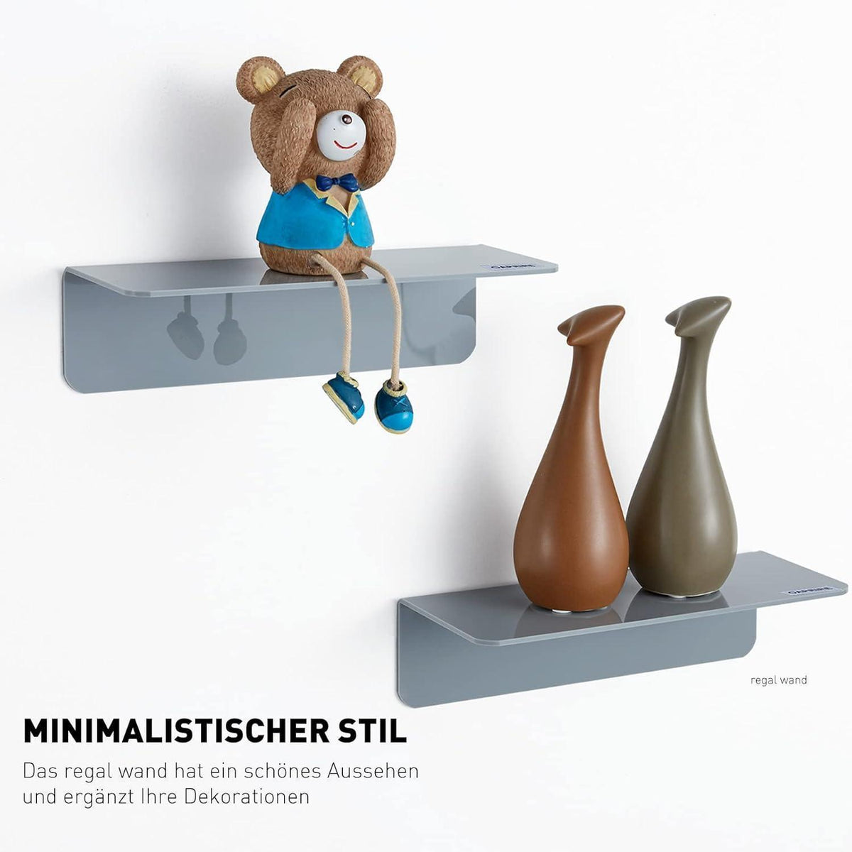 Acryl Wandregal Grau 2er Set mit Kabelclips, Bohrenfrei
