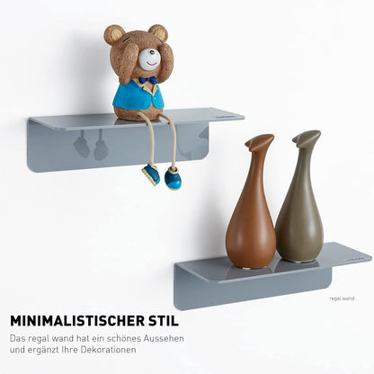 Acryl Wandregal Grau 2er Set mit Kabelclips, Bohrenfrei