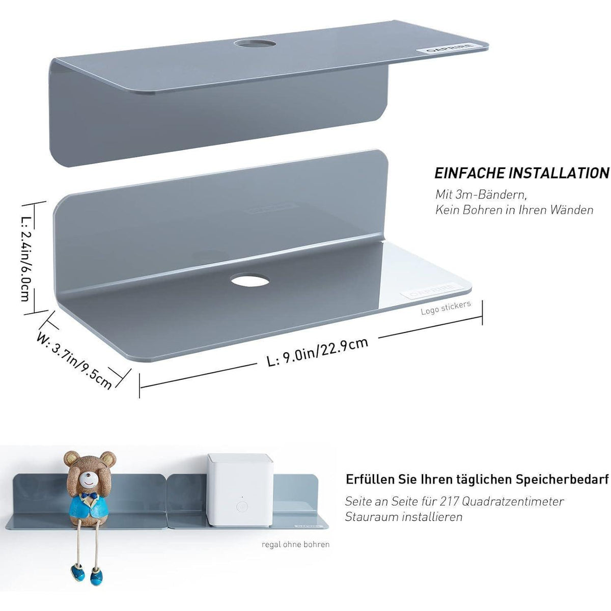 Acryl Wandregal Grau 2er Set mit Kabelclips, Bohrenfrei
