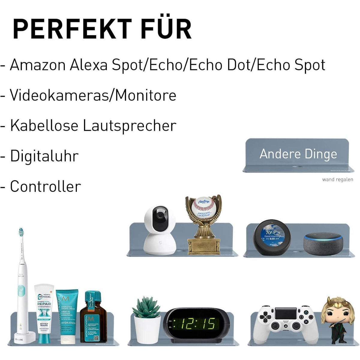 Acryl Wandregal Grau 2er Set mit Kabelclips, Bohrenfrei