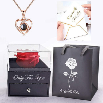Handgefertigte Rosenschmuck Geschenkbox mit Love You Halskette für sie