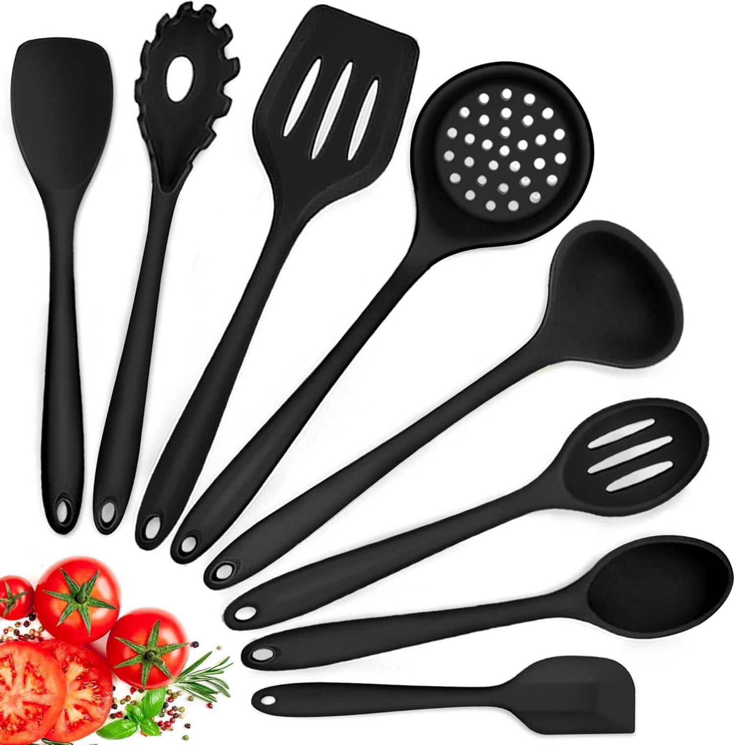 8-teiliges Silikon Küchenhelfer Set - Schwarz, Hitzebeständig