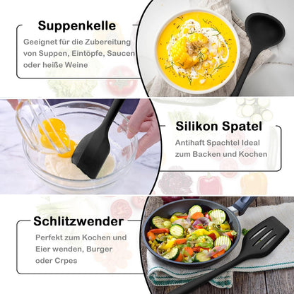 8-teiliges Silikon Küchenhelfer Set Schwarz - Hitzebeständig & Antihaft - Herogo
