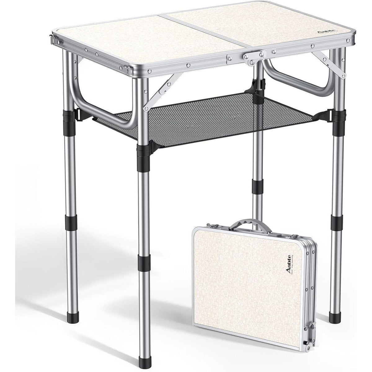 Campingtisch klappbar 60x40cm, 3 Höhen, mit Aufbewahrungsnetz, Weiß