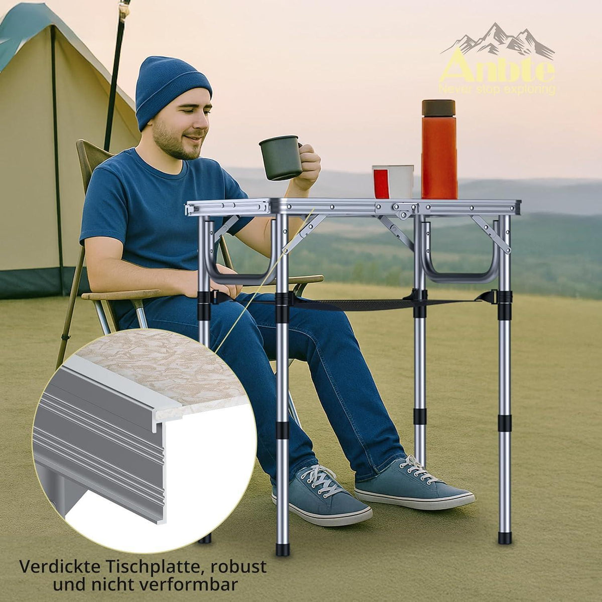 Campingtisch klappbar 60x40cm, 3 Höhen, mit Aufbewahrungsnetz, Weiß