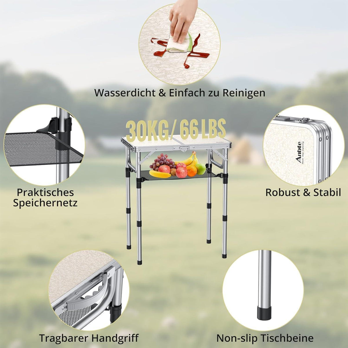 Campingtisch klappbar 60x40cm, 3 Höhen, mit Aufbewahrungsnetz, Weiß