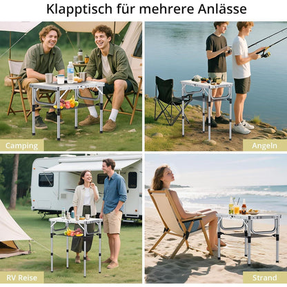 Campingtisch klappbar 60x40cm, 3 Höhen, mit Aufbewahrungsnetz, Weiß