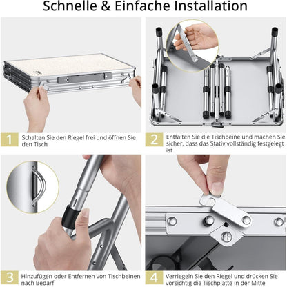 Campingtisch klappbar 60x40cm, 3 Höhen, mit Aufbewahrungsnetz, Weiß