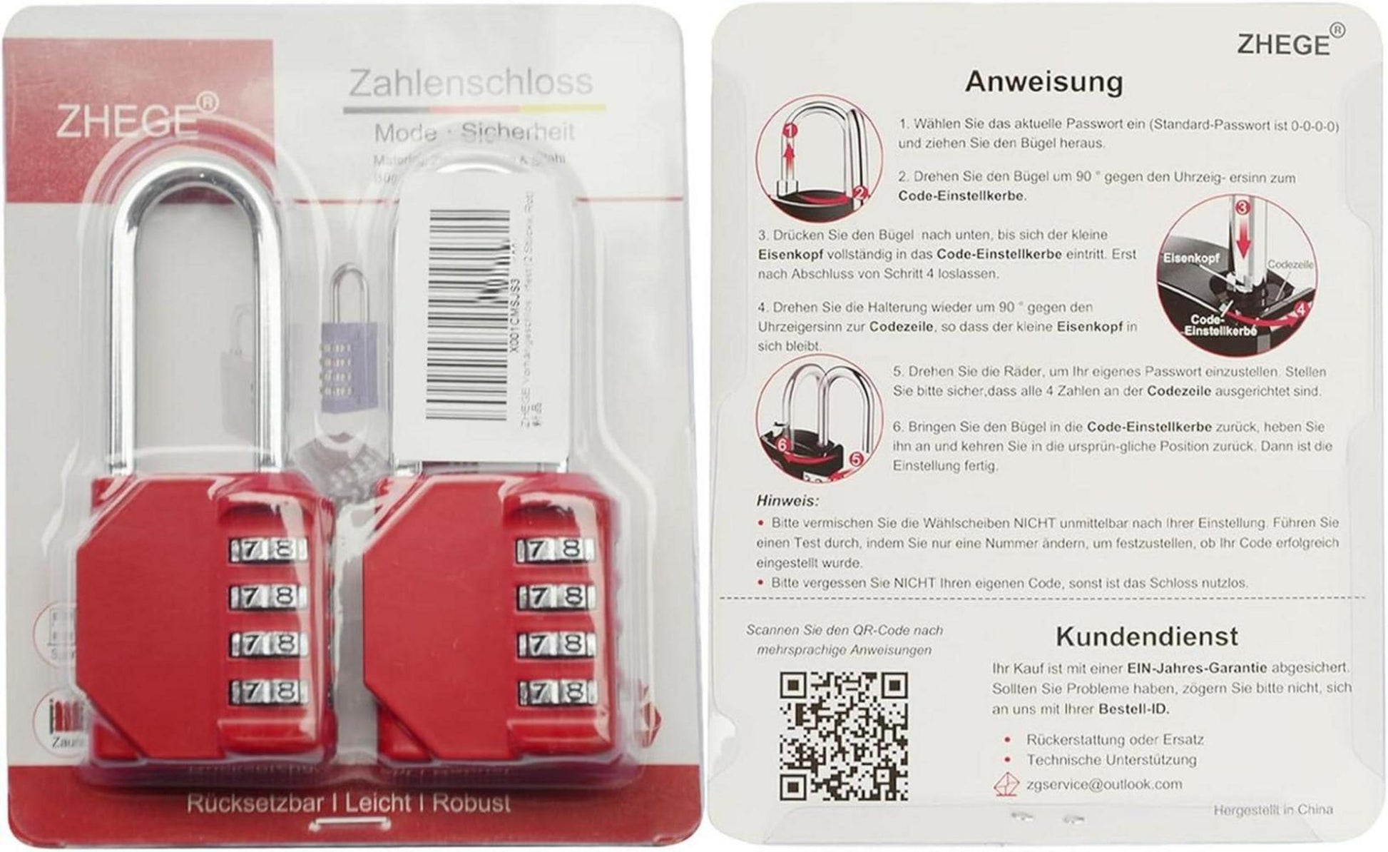 ZHEGE 4-stelliges Vorhängeschloss mit Zahlencode, wetterfest, für Fitnessstudio, Spind, Tür (2